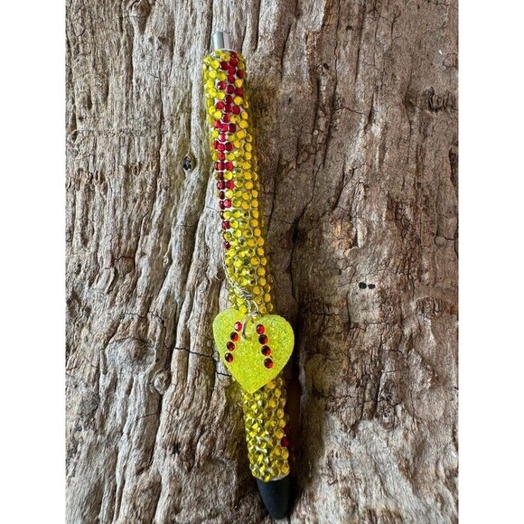Softball Gel Pen Yellow- Red Rhinestones w/Resin Heart Charm Black Ink - Picture 3 of 3